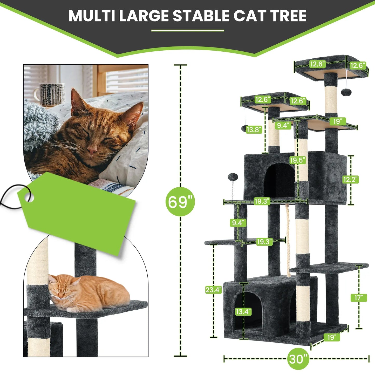 Elegant Cat Tree Tower with Green Leaves - Cozy Plush Condo & Scratching Posts - Purr-fect Indoor Furniture for Your Feline Friend
