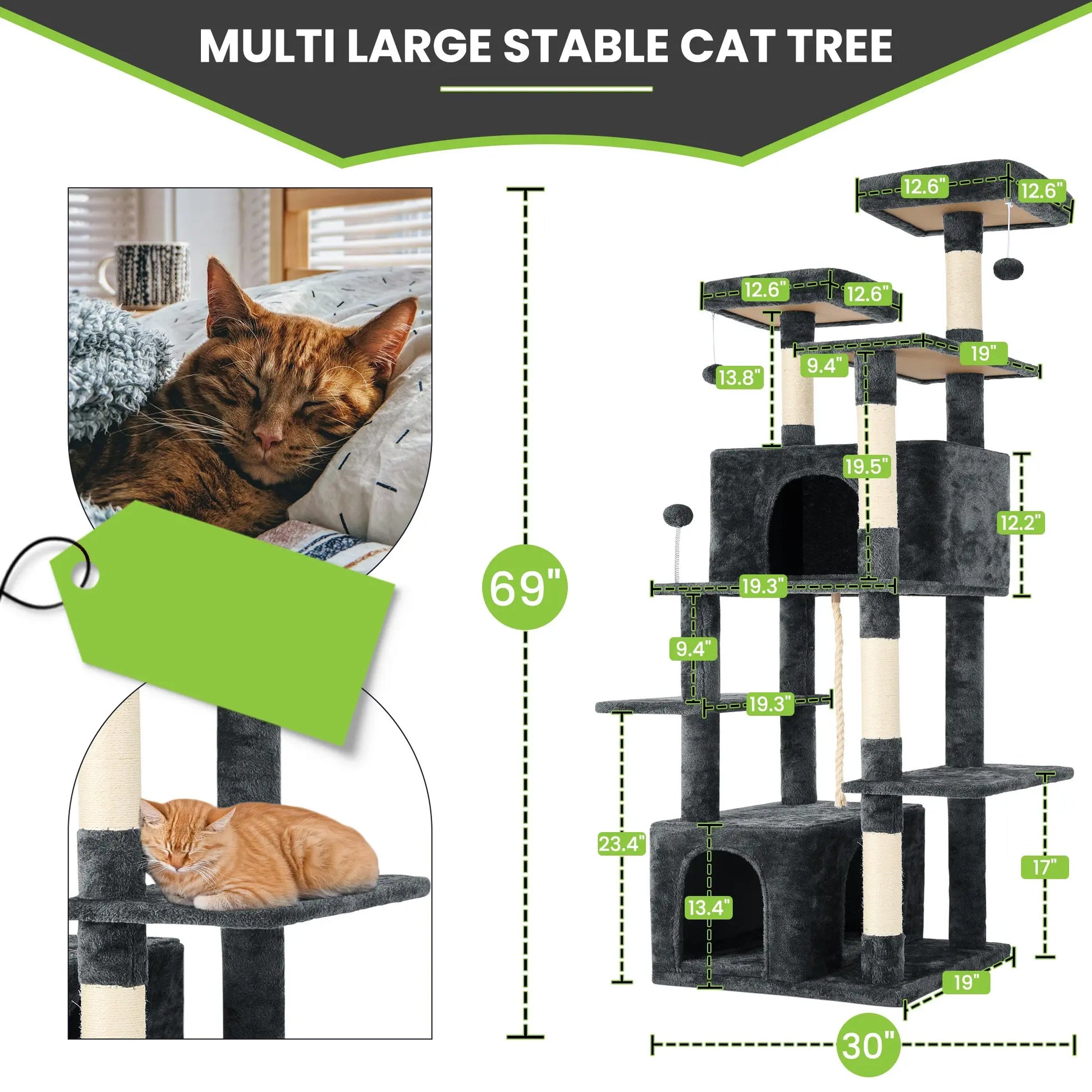 Elegant Cat Tree Tower with Green Leaves - Cozy Plush Condo & Scratching Posts - Purr-fect Indoor Furniture for Your Feline Friend