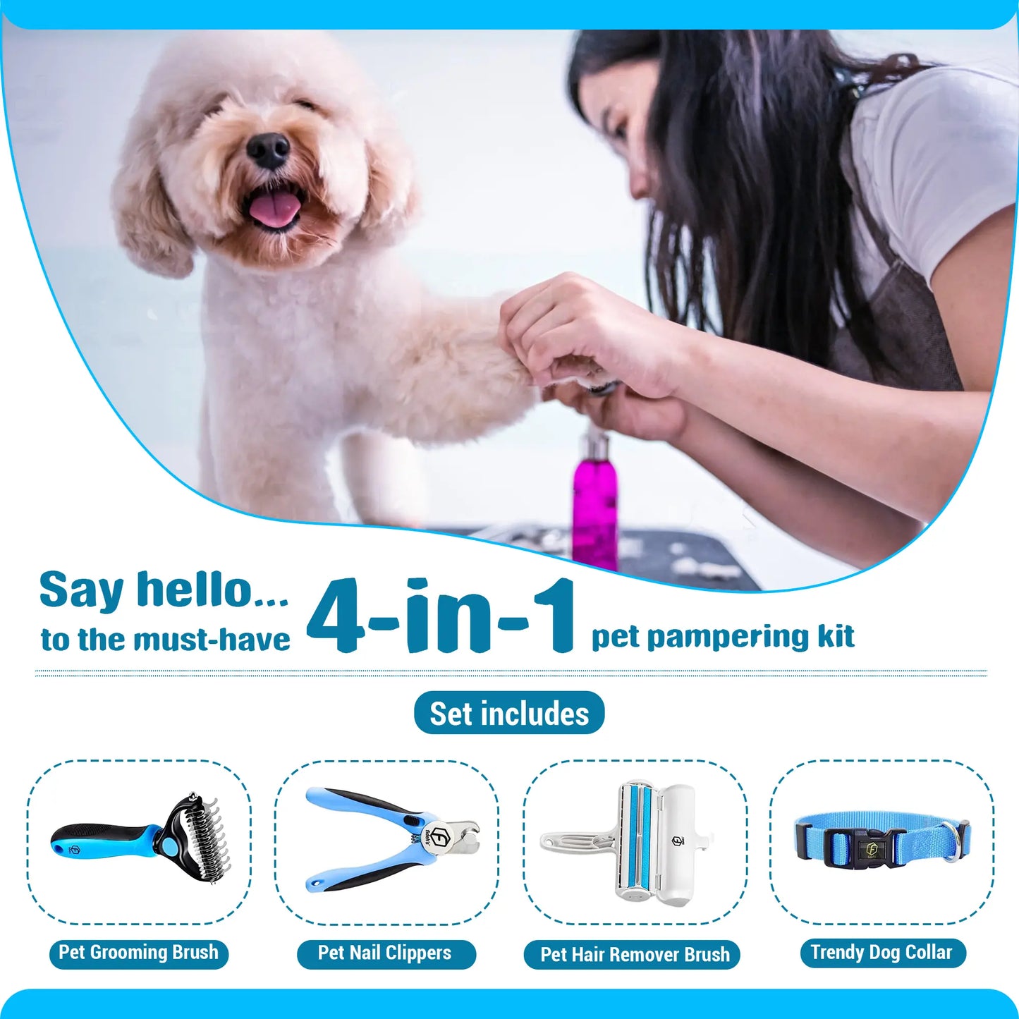 FIDEH 4-In-1 Pet Grooming Set: Reusable Hair Remover, Double Sided Shedding Brush, Nail Clippers, and Stylish Nylon Collar for Medium Dogs (Pink)
