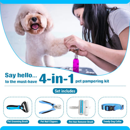 FIDEH 4-In-1 Pet Grooming Set: Reusable Hair Remover, Double Sided Shedding Brush, Nail Clippers, and Stylish Nylon Collar for Medium Dogs (Pink)