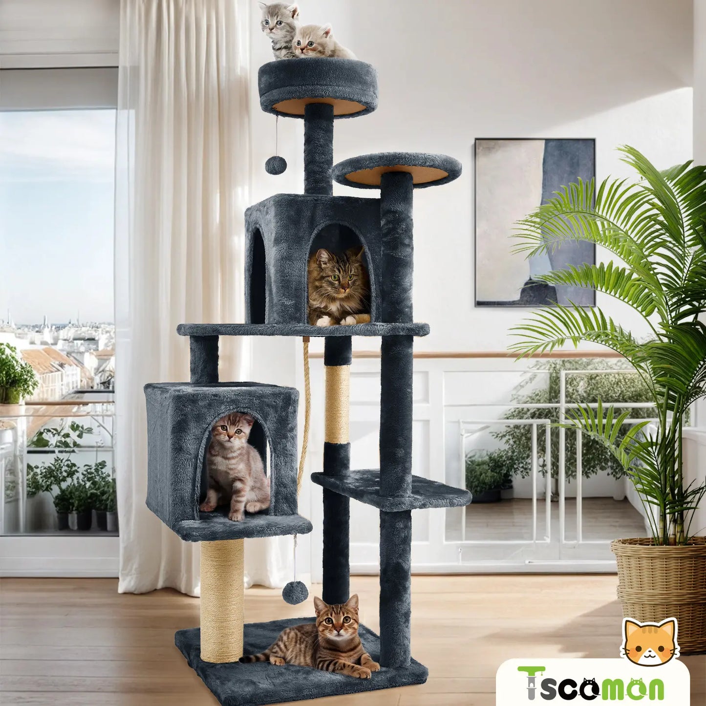 Elegant Cat Tree Tower with Green Leaves - Cozy Plush Condo & Scratching Posts - Purr-fect Indoor Furniture for Your Feline Friend