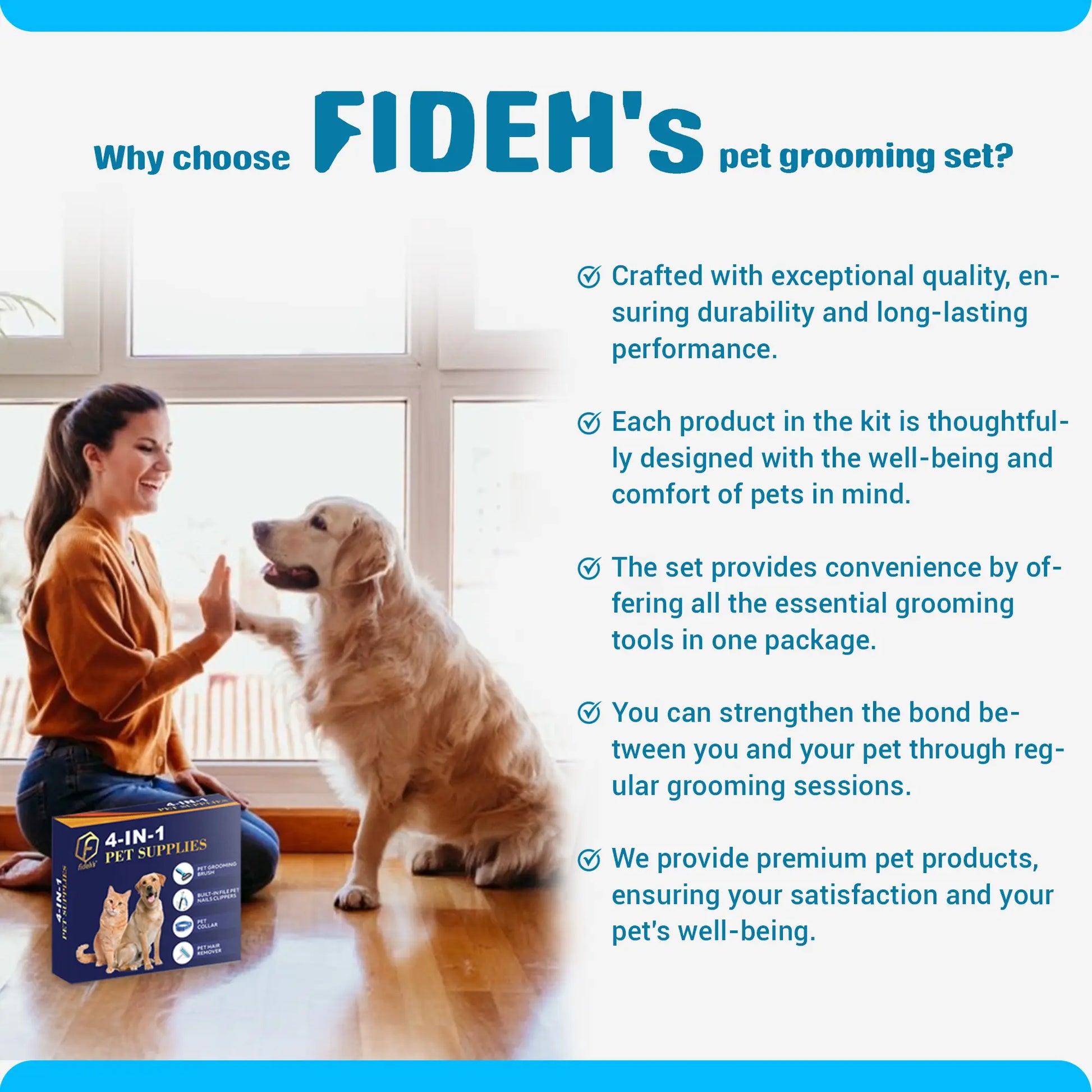 FIDEH 4-In-1 Pet Grooming Set: Reusable Hair Remover, Double Sided Shedding Brush, Nail Clippers, and Stylish Nylon Collar for Medium Dogs (Pink)