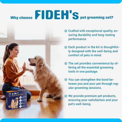 FIDEH 4-In-1 Pet Grooming Set: Reusable Hair Remover, Double Sided Shedding Brush, Nail Clippers, and Stylish Nylon Collar for Medium Dogs (Pink)