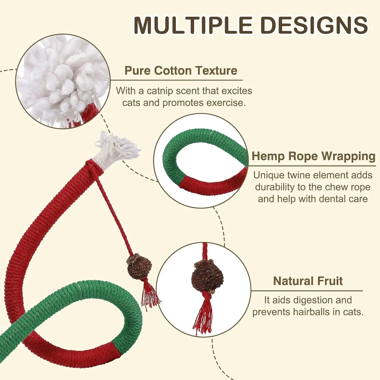 Interactive Catnip Chew Ropes for Indoor Cats - Set of 3, 27.9 Inches, Dental Care Toys for Kittens