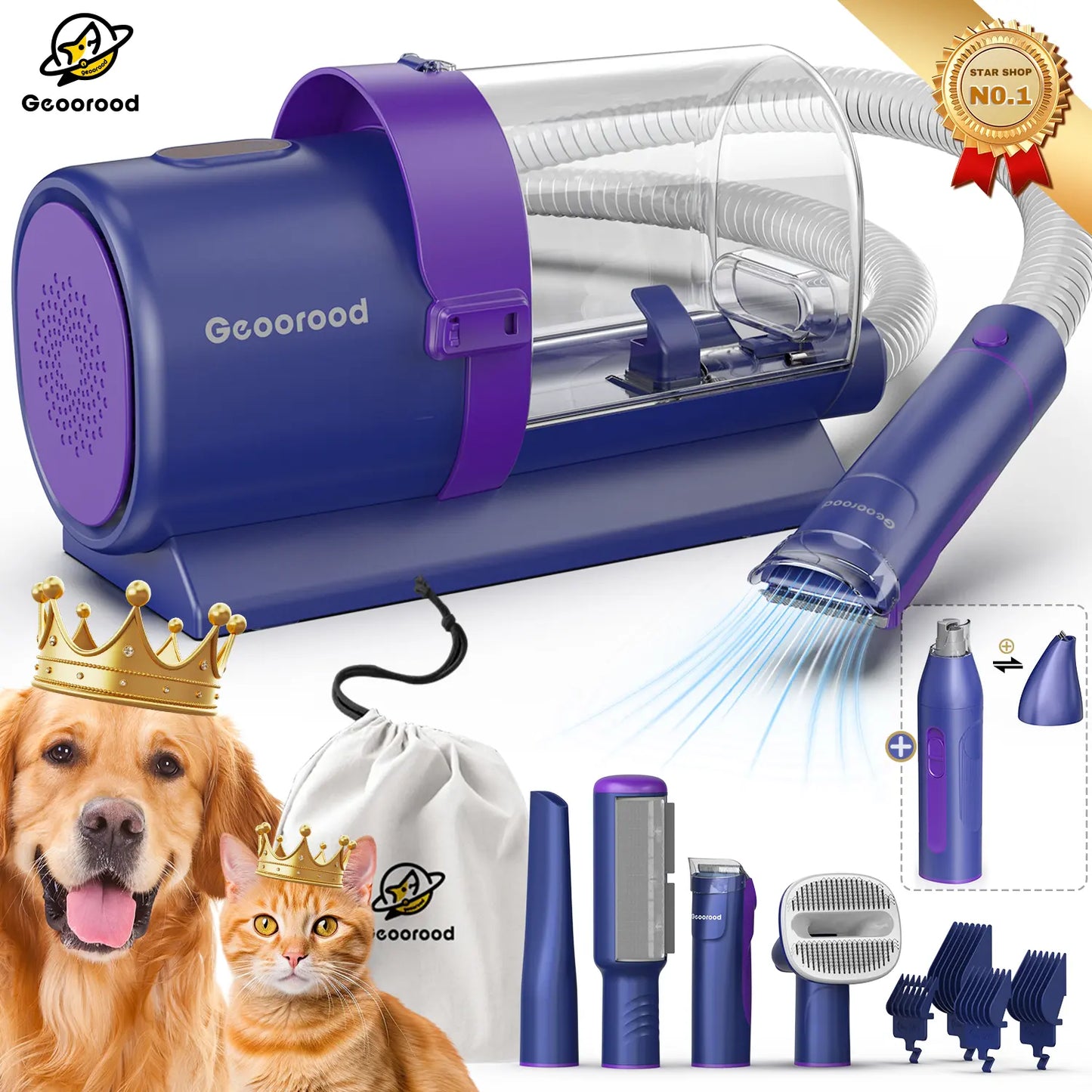 Geoorood All-In-One Dog Grooming Kit with Powerful Vacuum Brush - Lightweight, Stainless Steel Blades & Portable Cleaning Set for Pet Lovers!