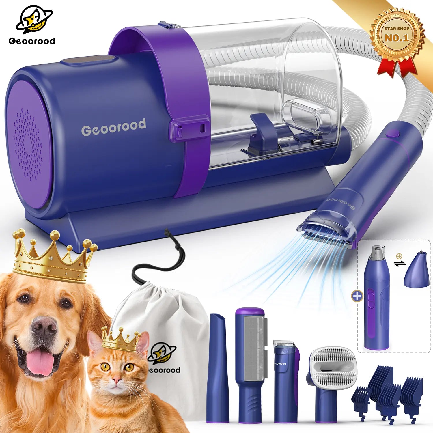Geoorood All-In-One Dog Grooming Kit with Powerful Vacuum Brush - Lightweight, Stainless Steel Blades & Portable Cleaning Set for Pet Lovers!