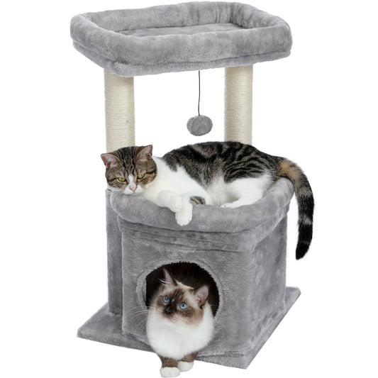 27-Inch Cat Tree Condo with Spacious Top Perch and Scratching Posts for Kittens and Medium Cats, Gray