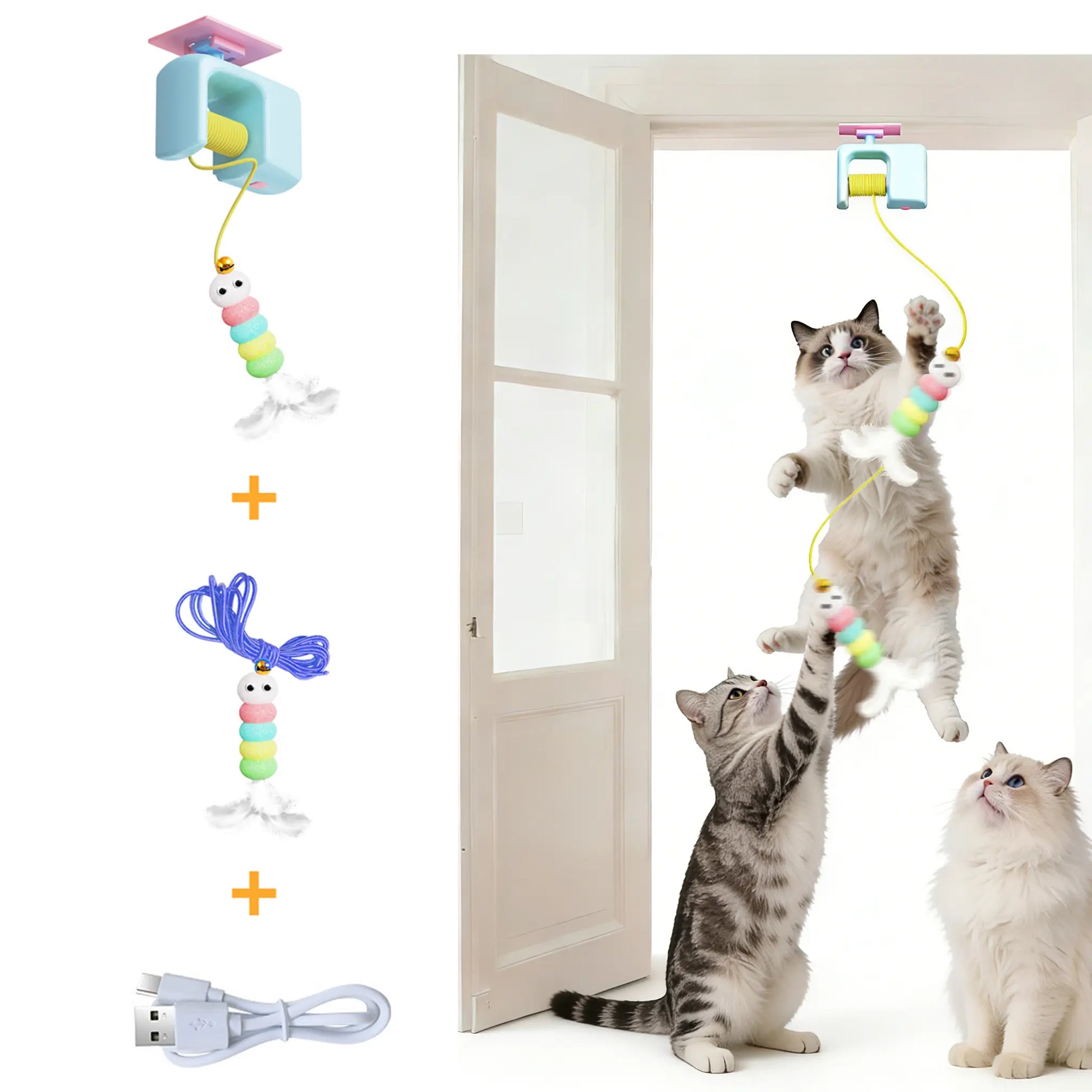 Electric Interactive Cat Feather Toy with 2 Replacement Heads - Rechargeable Motorized Teaser for Indoor Kittens and Cats, Promoting Mental and Physical Stimulation