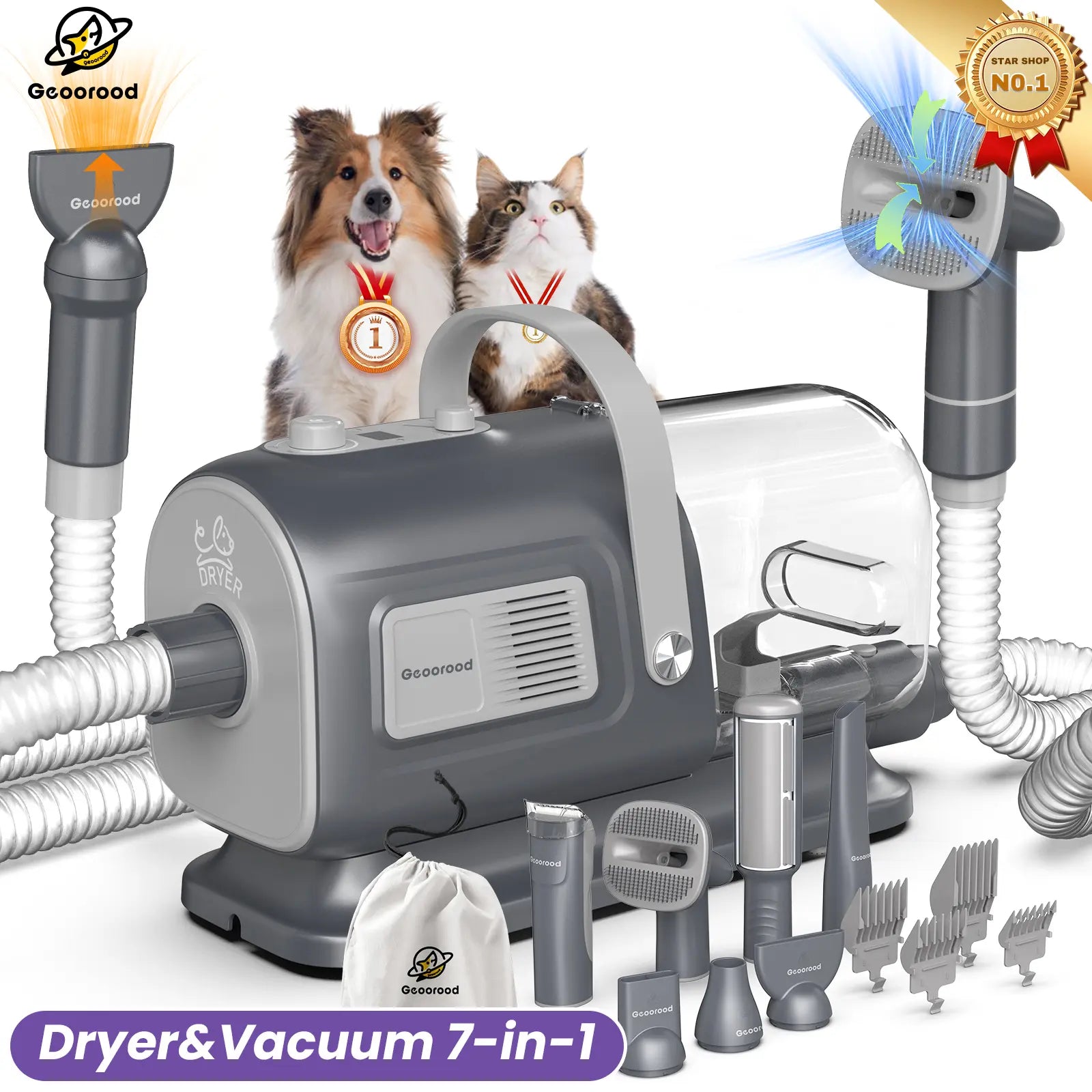 Geoorood All-In-One Dog Grooming Kit with Powerful Vacuum Brush - Lightweight, Stainless Steel Blades & Portable Cleaning Set for Pet Lovers!