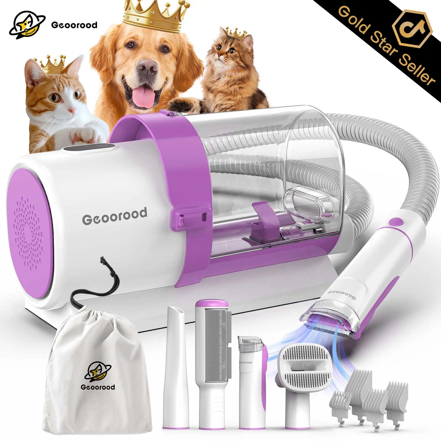 Geoorood All-In-One Dog Grooming Kit with Powerful Vacuum Brush - Lightweight, Stainless Steel Blades & Portable Cleaning Set for Pet Lovers!