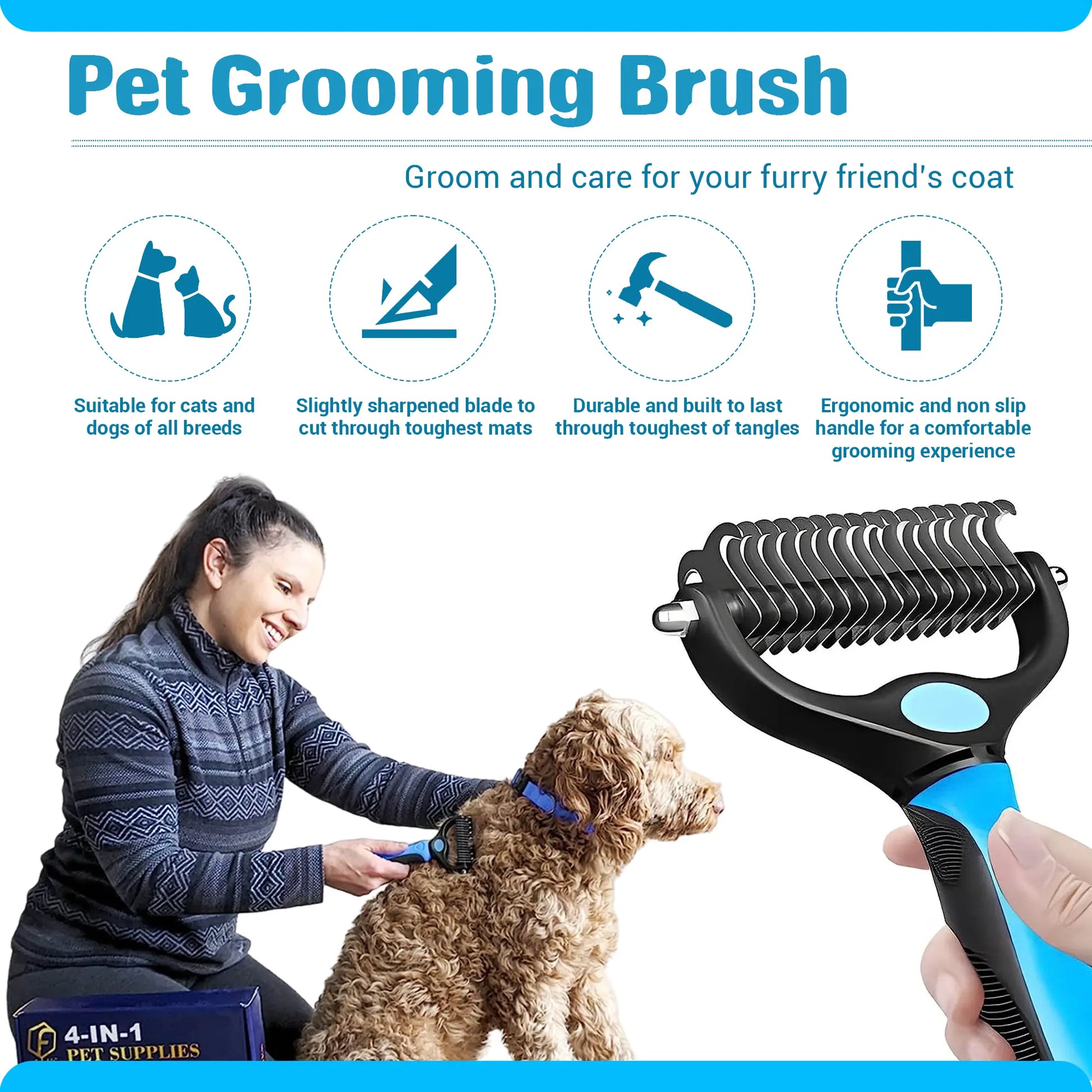 FIDEH 4-In-1 Pet Grooming Set: Reusable Hair Remover, Double Sided Shedding Brush, Nail Clippers, and Stylish Nylon Collar for Medium Dogs (Pink)