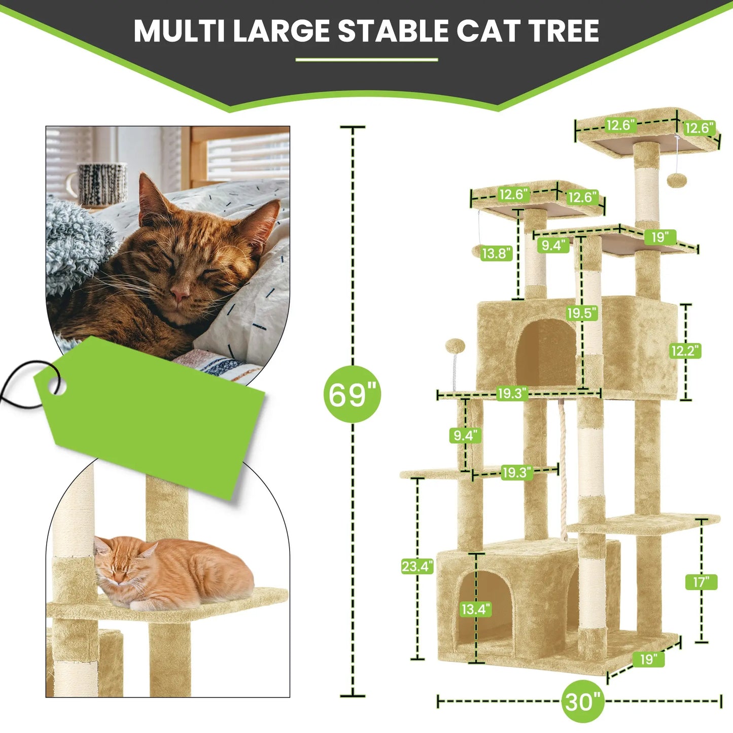 Elegant Cat Tree Tower with Green Leaves - Cozy Plush Condo & Scratching Posts - Purr-fect Indoor Furniture for Your Feline Friend