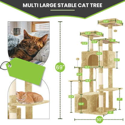 Elegant Cat Tree Tower with Green Leaves - Cozy Plush Condo & Scratching Posts - Purr-fect Indoor Furniture for Your Feline Friend