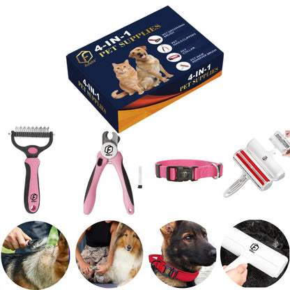 FIDEH 4-In-1 Pet Grooming Set: Reusable Hair Remover, Double Sided Shedding Brush, Nail Clippers, and Stylish Nylon Collar for Medium Dogs (Pink)