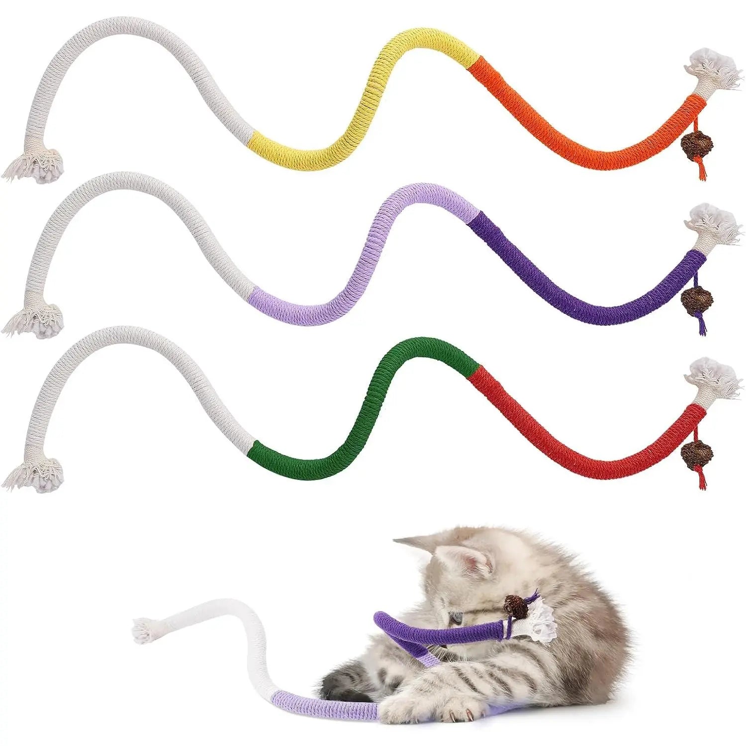 Interactive Catnip Chew Ropes for Indoor Cats - Set of 3, 27.9 Inches, Dental Care Toys for Kittens
