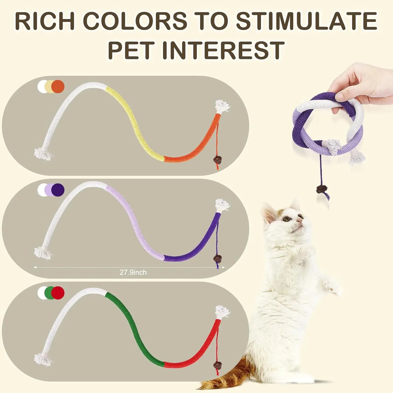Interactive Catnip Chew Ropes for Indoor Cats - Set of 3, 27.9 Inches, Dental Care Toys for Kittens