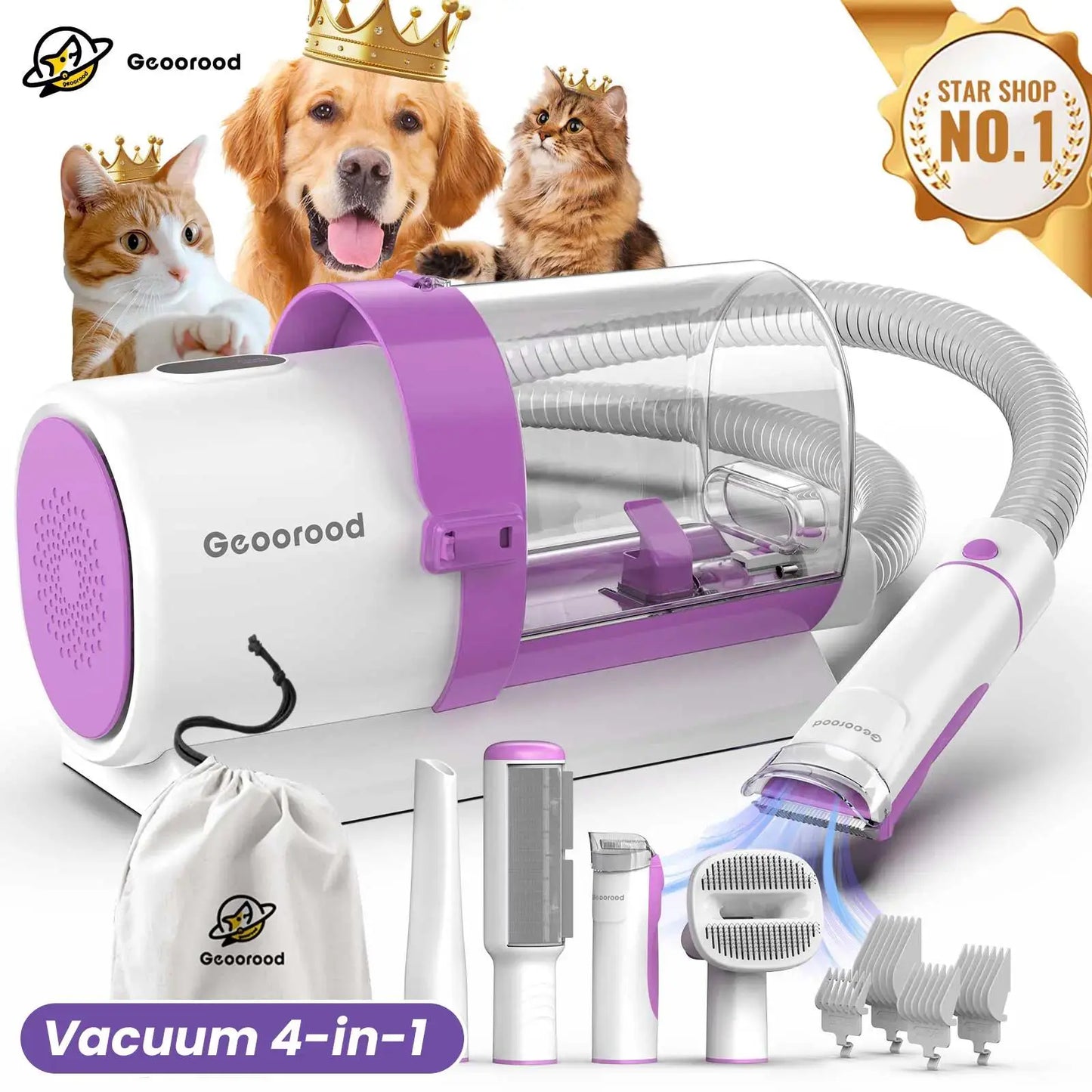 Geoorood All-In-One Dog Grooming Kit with Powerful Vacuum Brush - Lightweight, Stainless Steel Blades & Portable Cleaning Set for Pet Lovers!