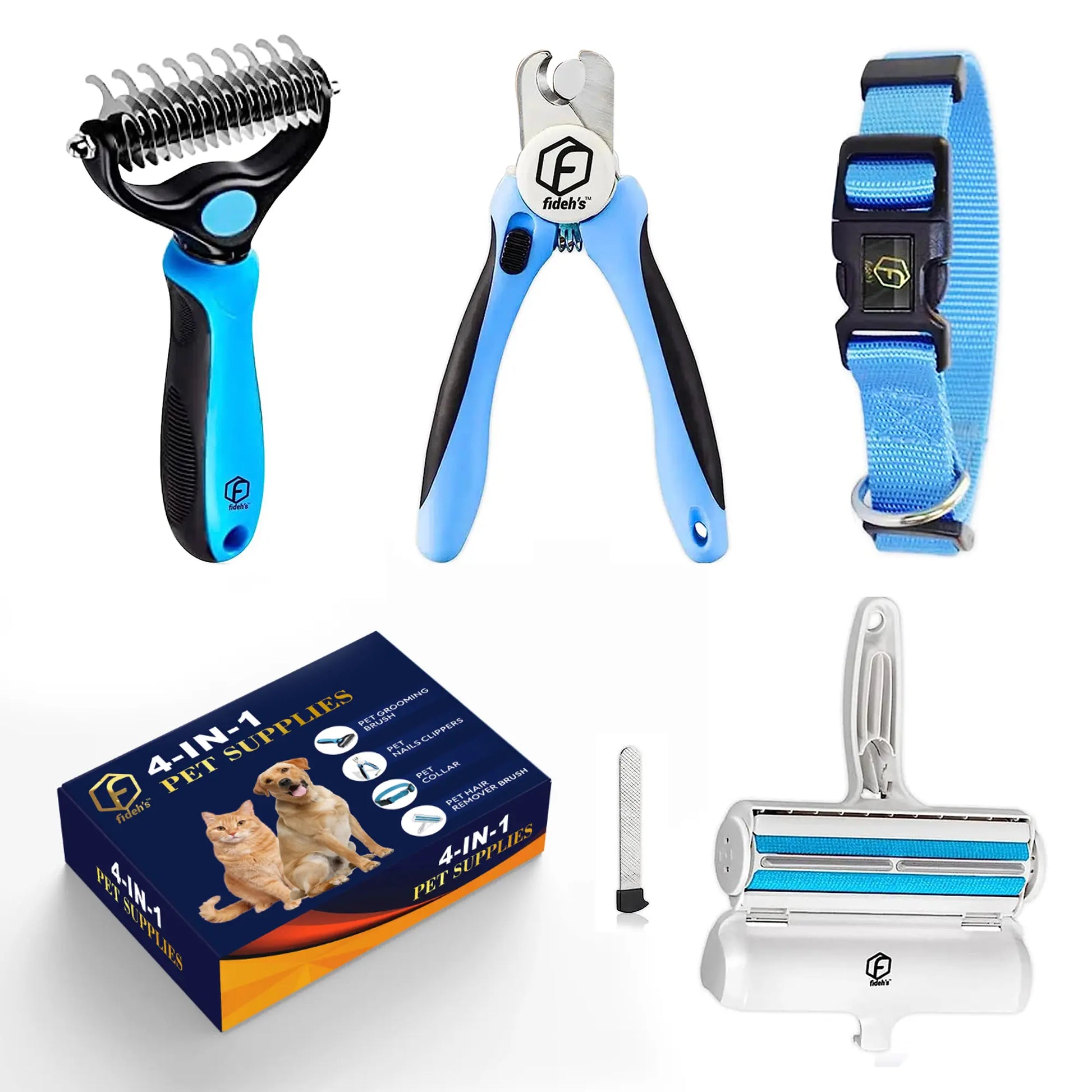 FIDEH 4-In-1 Pet Grooming Set: Reusable Hair Remover, Double Sided Shedding Brush, Nail Clippers, and Stylish Nylon Collar for Medium Dogs (Pink)
