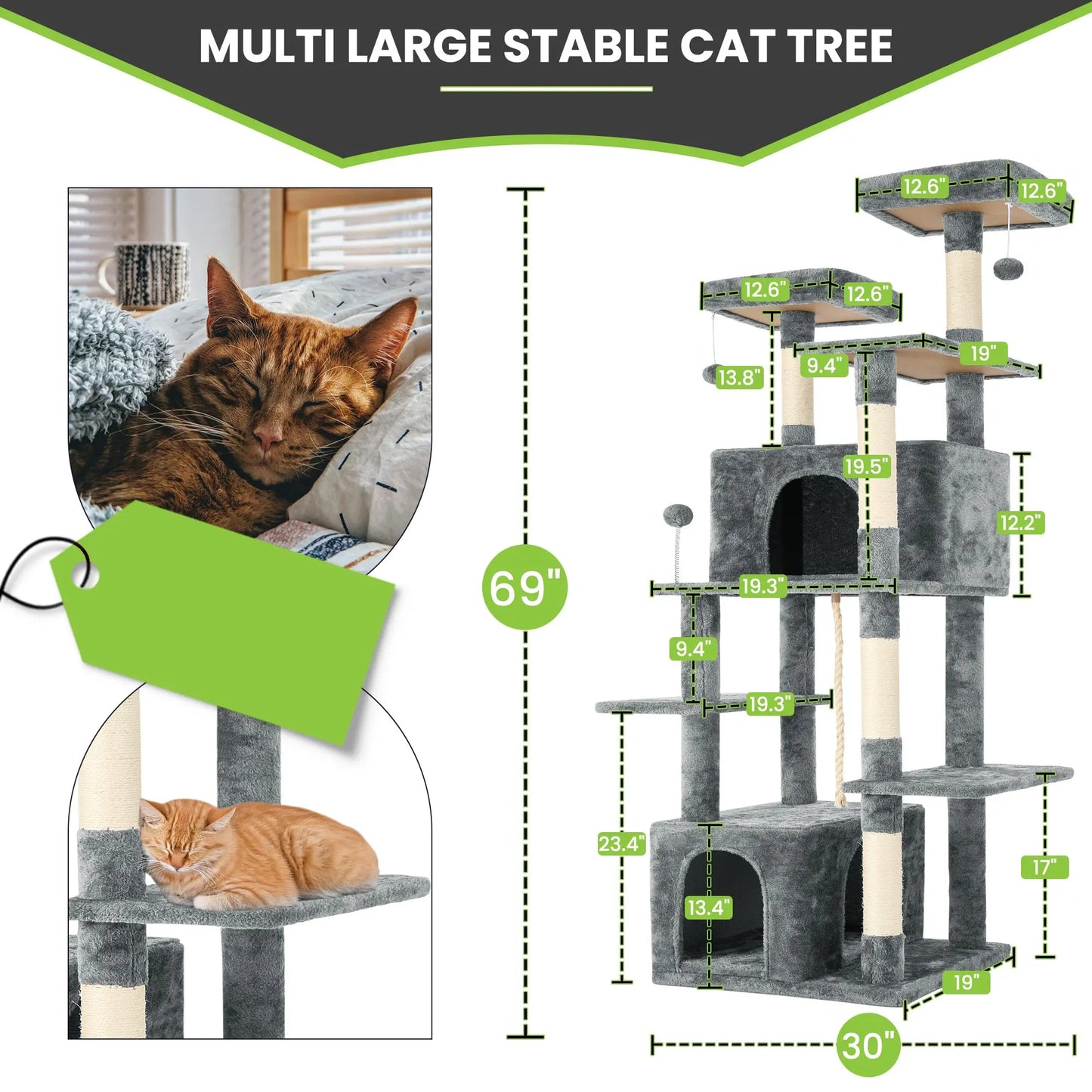 Elegant Cat Tree Tower with Green Leaves - Cozy Plush Condo & Scratching Posts - Purr-fect Indoor Furniture for Your Feline Friend