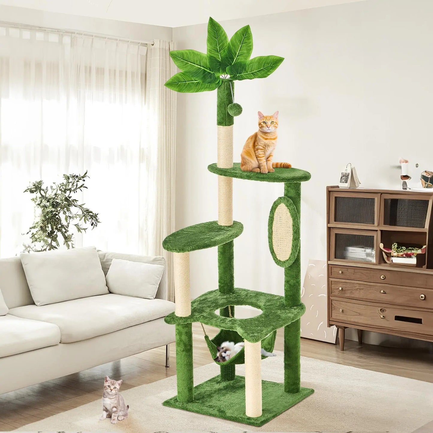 Elegant Cat Tree Tower with Green Leaves - Cozy Plush Condo & Scratching Posts - Purr-fect Indoor Furniture for Your Feline Friend