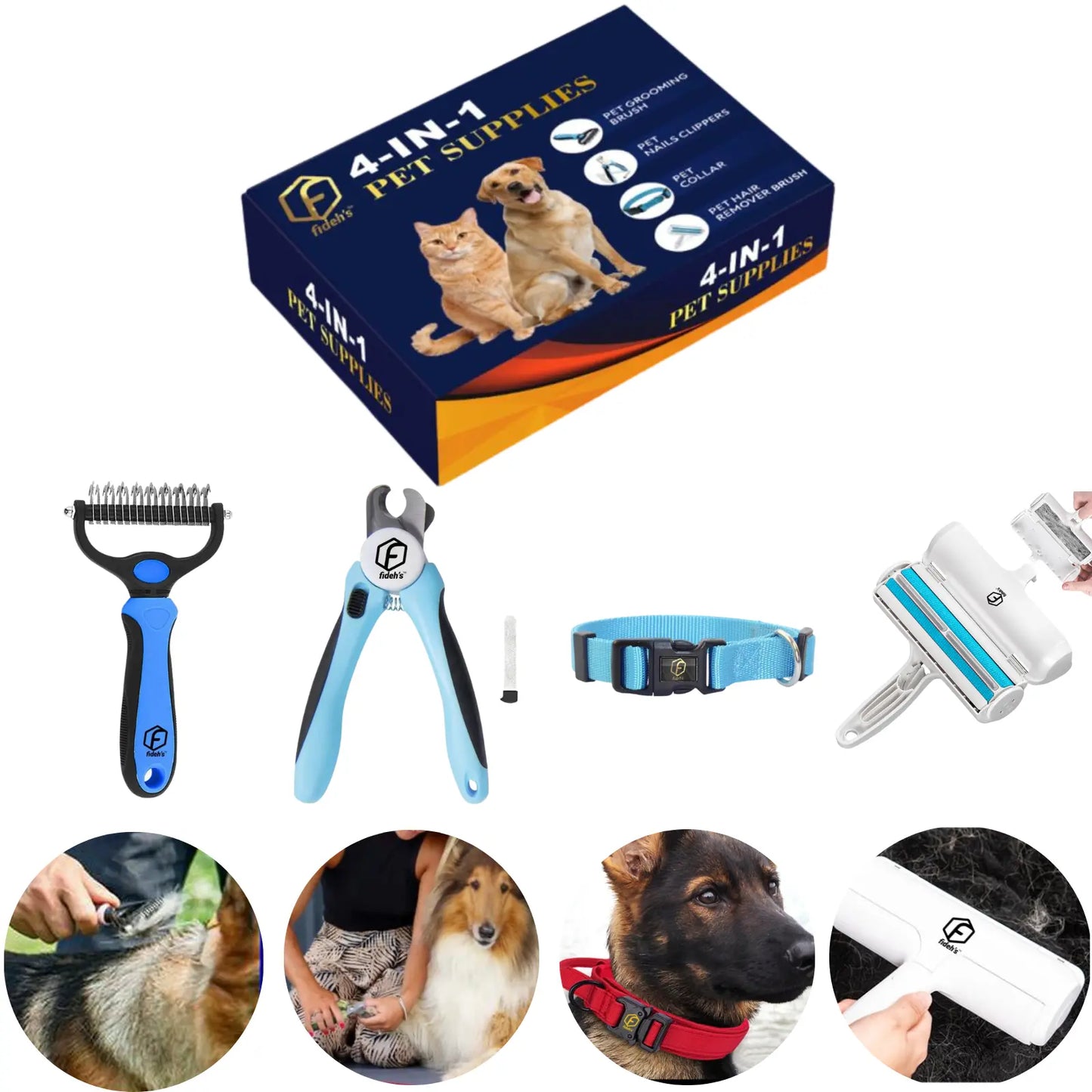 FIDEH 4-In-1 Pet Grooming Set: Reusable Hair Remover, Double Sided Shedding Brush, Nail Clippers, and Stylish Nylon Collar for Medium Dogs (Pink)