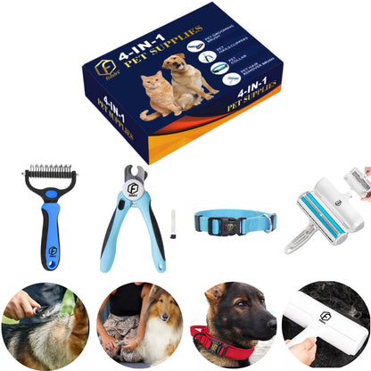 FIDEH 4-In-1 Pet Grooming Set: Reusable Hair Remover, Double Sided Shedding Brush, Nail Clippers, and Stylish Nylon Collar for Medium Dogs (Pink)