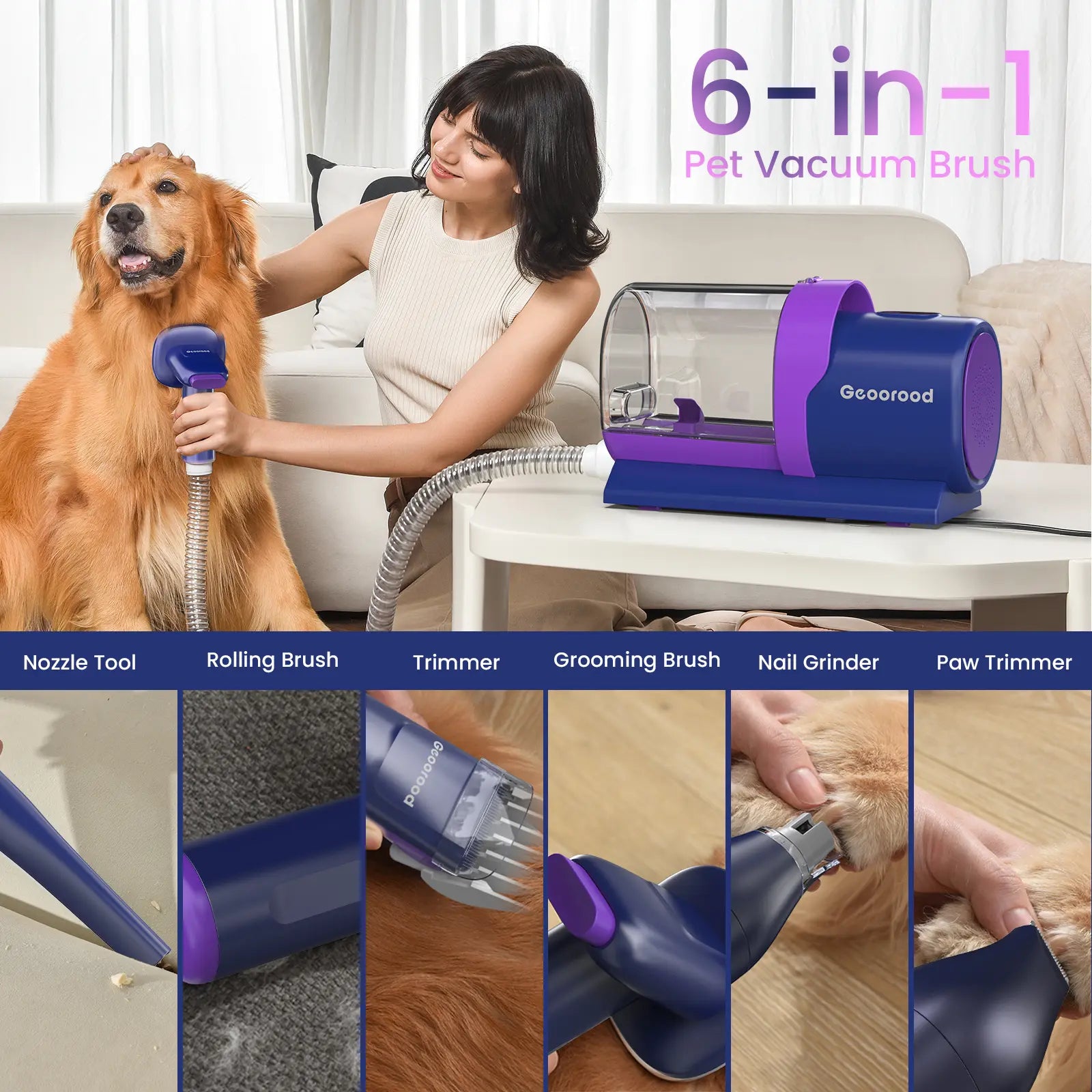 Geoorood All-In-One Dog Grooming Kit with Powerful Vacuum Brush - Lightweight, Stainless Steel Blades & Portable Cleaning Set for Pet Lovers!
